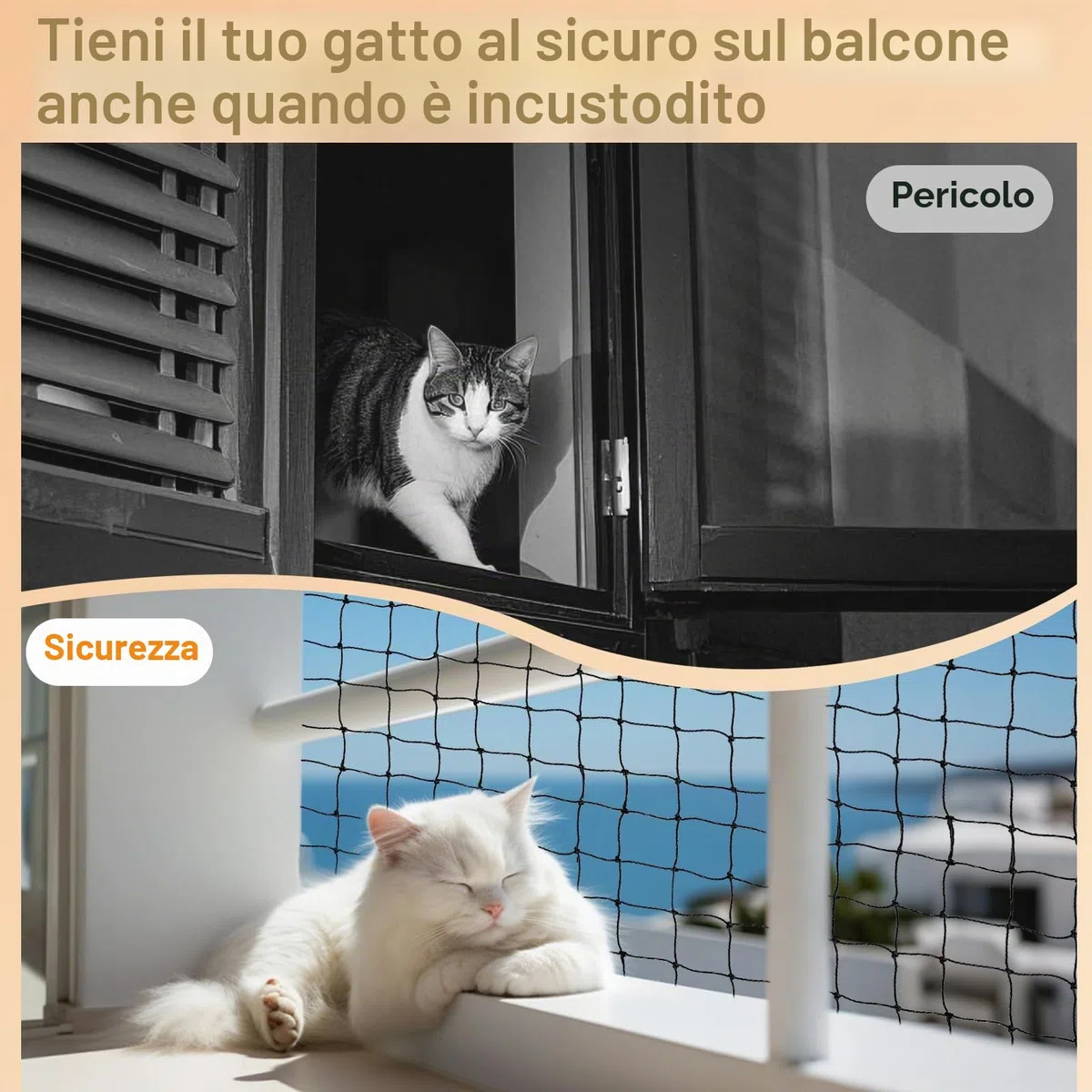 Holilo Rete per Gatti, 8x3m Rete Gatti Balcone Rinforzata con Filo Metallico, Rete per Gatti Balcone Resistente alle Intemperie e ai Raggi UV, Adatta per Balconi, Finestre, lucernari