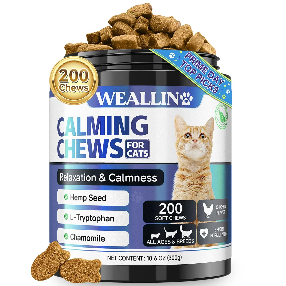 WEALLIN Calmante per Gatti, 200 Snack Naturali per Rilassatezza, Aiuta Contro Agitazione, Separazione, Visite Veterinarie, Viaggi, Suoni Forti, Gusto Pollo per Tutte Le Razze e Dimensioni