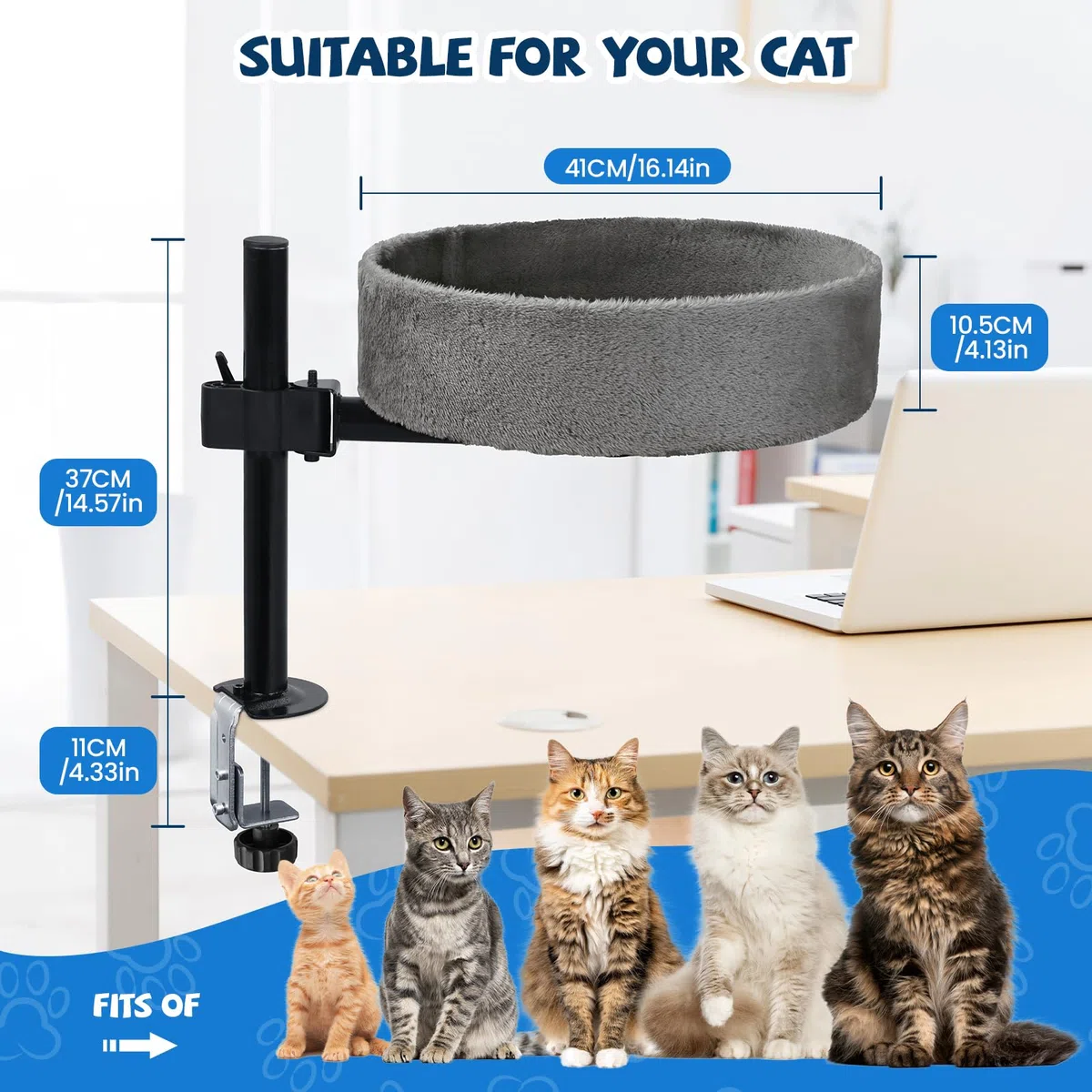 BSWAY Cuccia per gatti da scrivania – Nessuna perforazione rotazione a 360°, altezza regolabile, cuccia per gatti rialzata sopra la scrivania (Grigio scuro​, XL)