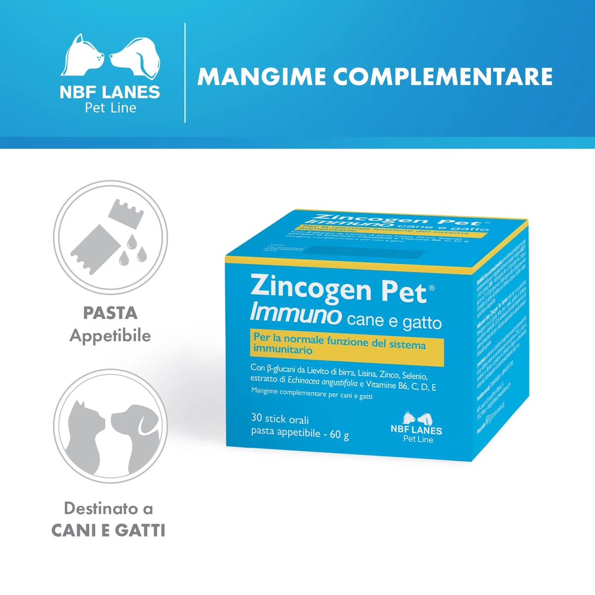 NBF Lanes | Zincogen Pet Immuno Cane e Gatto, Pasta Appetibile in stick pack 60 g, per il Normale Funzionamento del Sistema Immunitario del cane e gatto