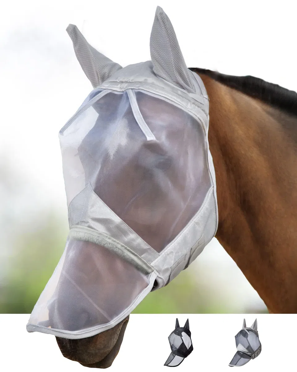 Harrison Howard CareMaster Maschera Anti-Mosche per Cavallo UV Protezione Pieno Volto Argento