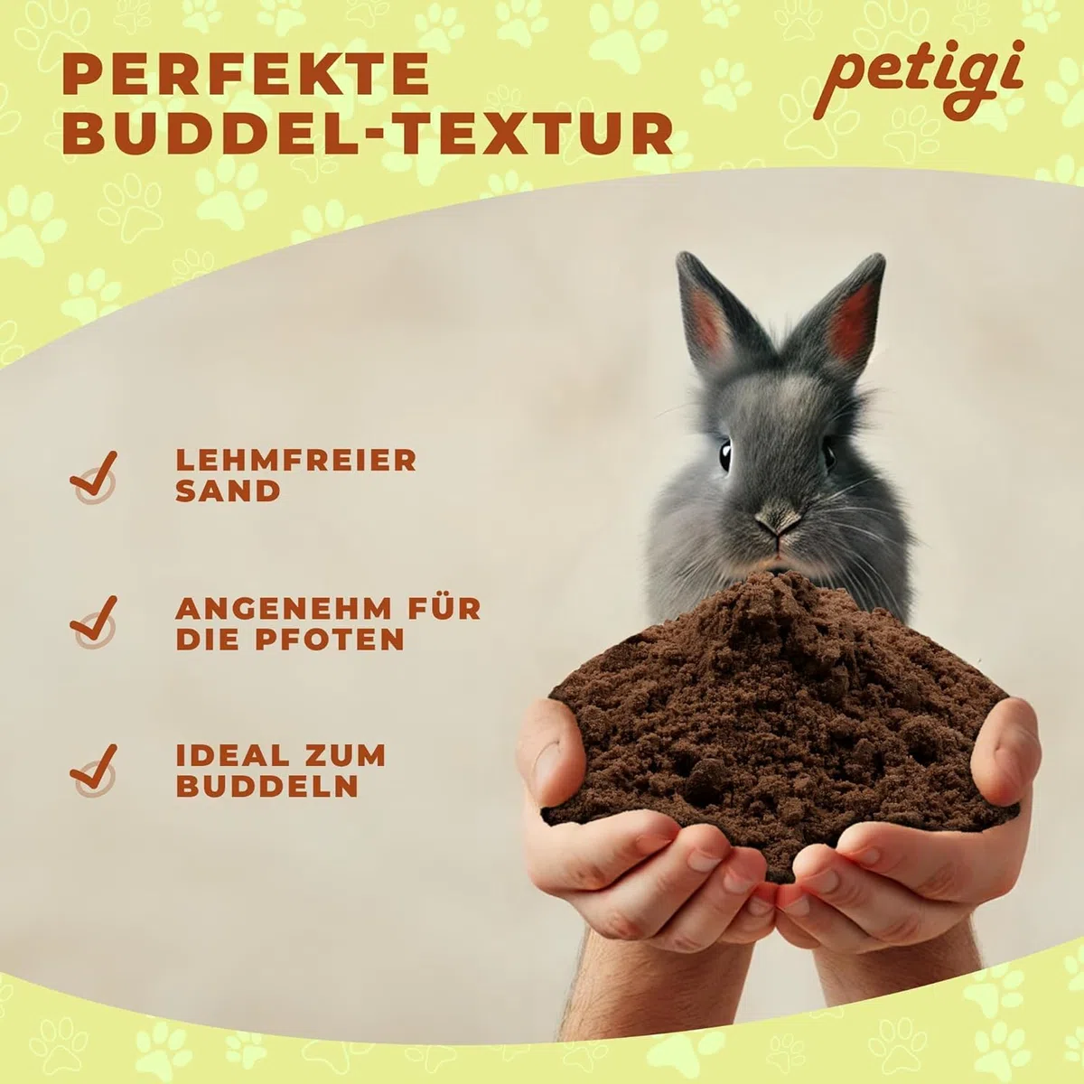 Petigi Coniglio Buddelsand, 25 kg, per cassette di conigli, conigli, cincillà, per zampe sensibili, senza additivi chimici e impurità, senza argilla
