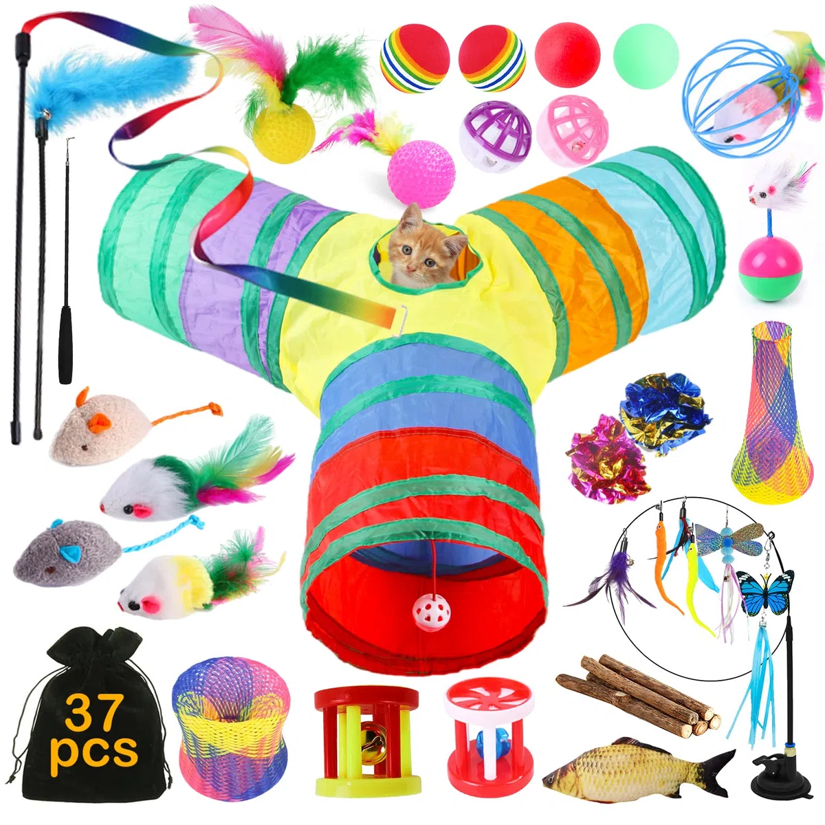 Set di Giocattoli per Gatti,37 Pezzi Giochi per Gatti,Gioco Gatto da Interno Set,con Tunnel per Gatti,Topi,Bacchetta di Piume,Pesci,Palline e Campane
