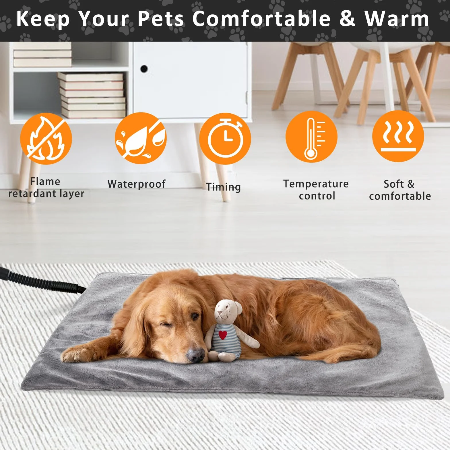 Tappetino riscaldante elettrico per cani, 45 x 70 cm, 5 timer regolabili e 6 temperature regolabili, tappetino riscaldante per animali domestici, impermeabile, con copertura in velluto di cristallo e