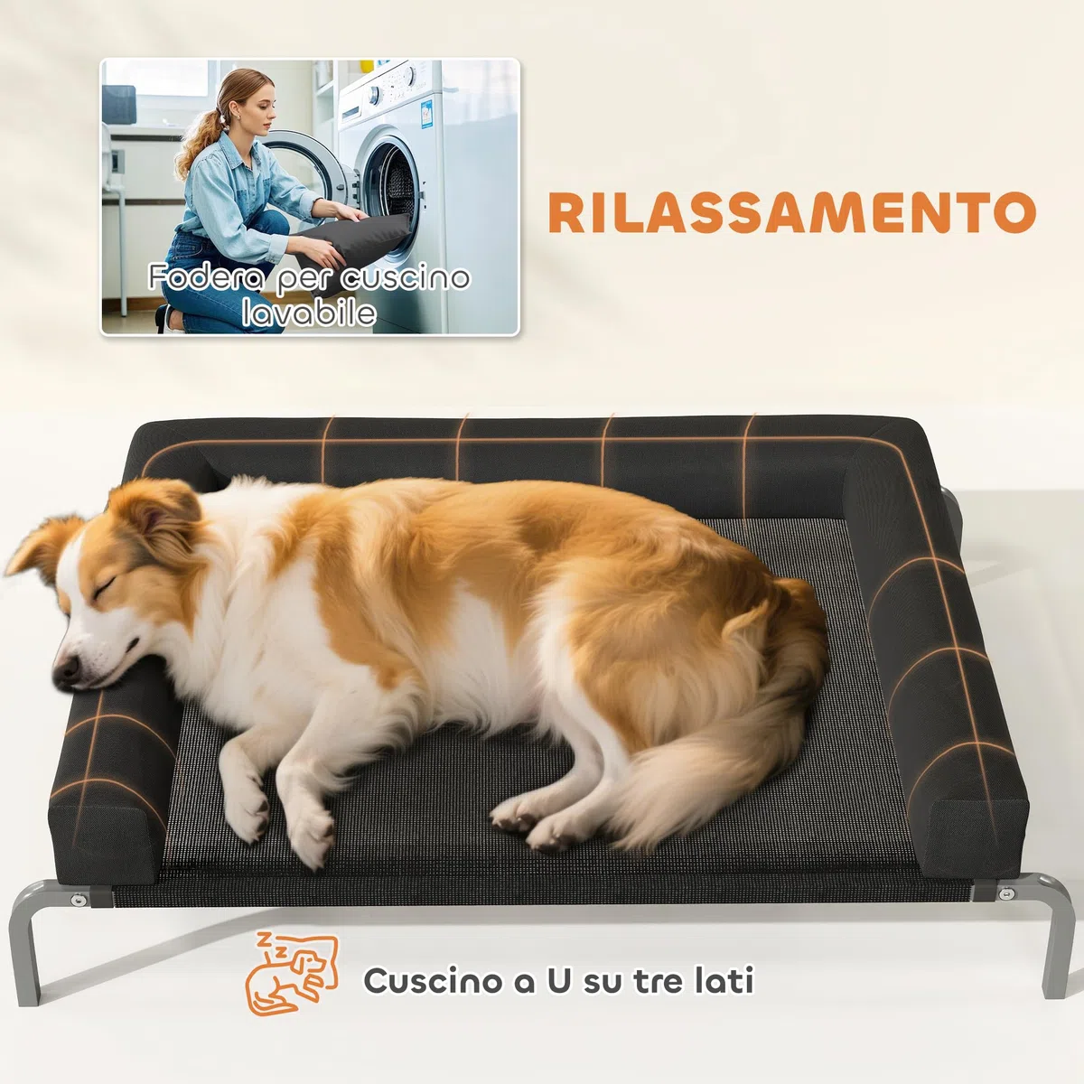 PawHut Brandina per Cani di 19.5 cm con Cuscino Lavabile a U, Lettino per Cani Rialzato in Tessuto Oxford, Texteline e Acciaio, Letto per Gatti da Interno, 110x75x30 cm, Nero e Argento
