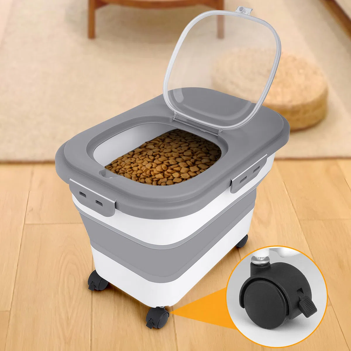 Porta Crocchette per Cani Gatto Contenitore Pieghevole Ermetico 7-10kg con Ciotola Cane Ruota Misurino e Pala