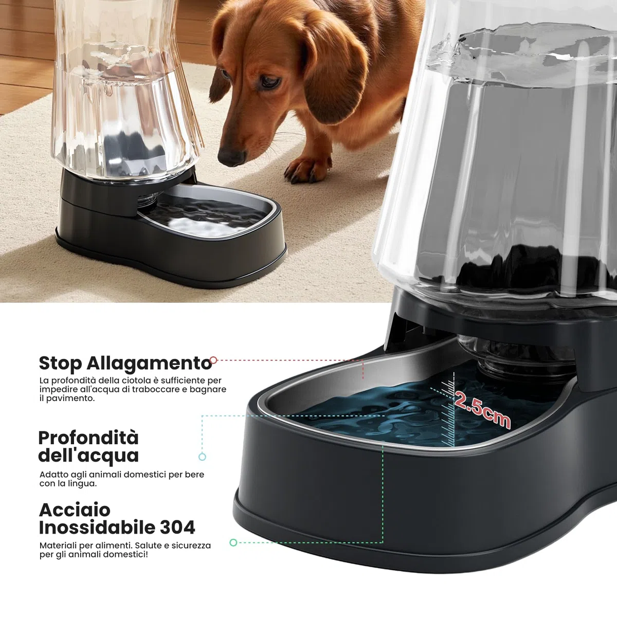 Gardner Pet 3.85L Dispenser Acqua per Gatti e Cani, Ciotola in Acciaio Inox, Distributore Acqua a Gravità Senza Corrente, Abbeveratoio Senza BPA, Con Filtro, Grigio Scuro