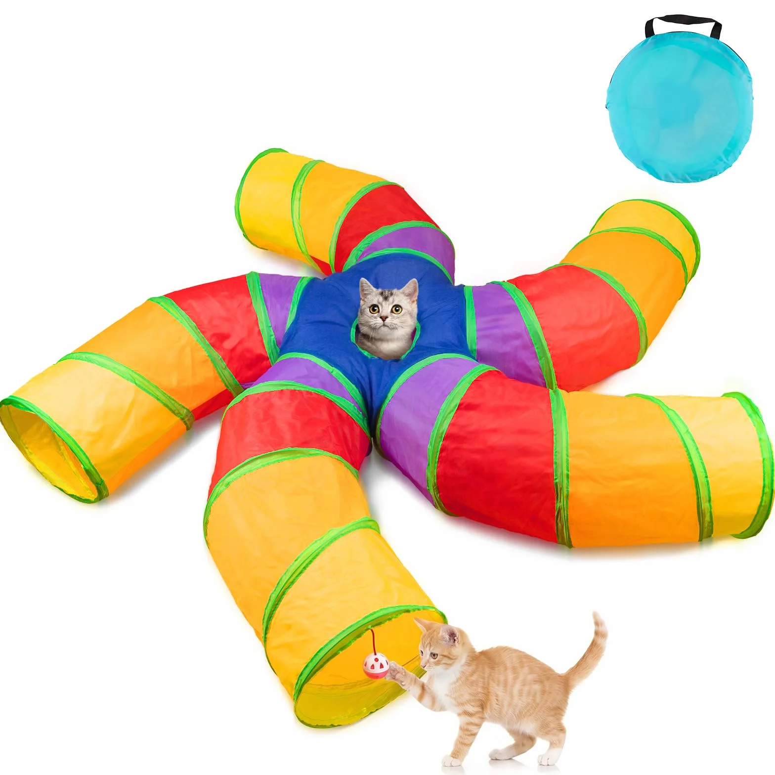Depets Tunnel per gatti da interni, tunnel per gatti a 5 vie, grande tunnel e tubo con palla da gioco, tubo piegato a forma di S con spioncino interattivo, ideale per esercizi indoor per gattini