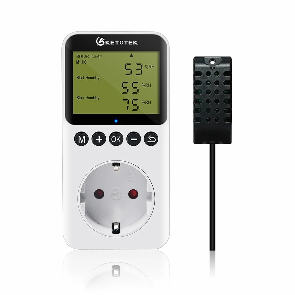 KETOTEK Igrostato a Presa con Sonda 220V, Regolatore di Umidità Spina Digitale con Funzione Coutdown per Grow Box Incubatrice Uumidificatore Deumidificatore