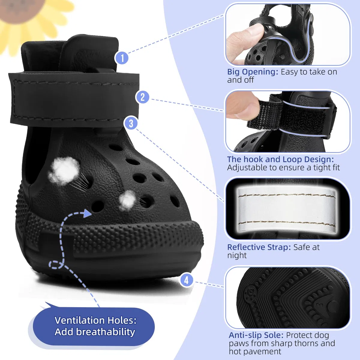 SlowTon Scarpe per cani per pavimenti caldi, sandali traspiranti antiscivolo per cani con strisce riflettenti, facili da indossare e togliere, facili da pulire