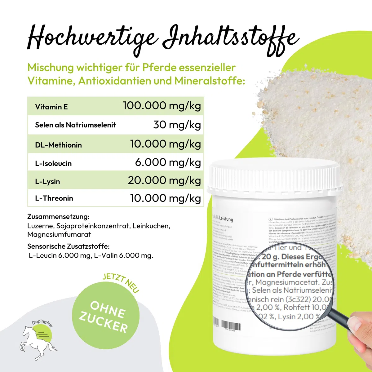 PHA Muscolo & Prestazioni per Cavalli – Minerali e Vitamine per la Costruzione Muscolare e Le Prestazioni, con vitamina E, magnesio e Selenio, Polvere 850 g
