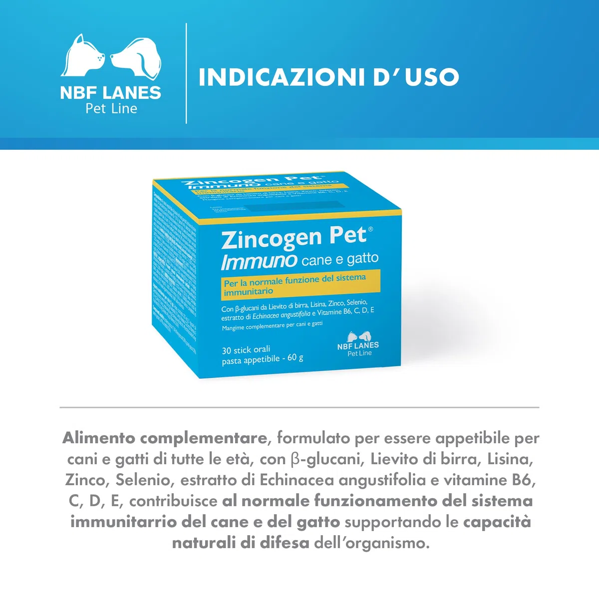 NBF Lanes | Zincogen Pet Immuno Cane e Gatto, Pasta Appetibile in stick pack 60 g, per il Normale Funzionamento del Sistema Immunitario del cane e gatto