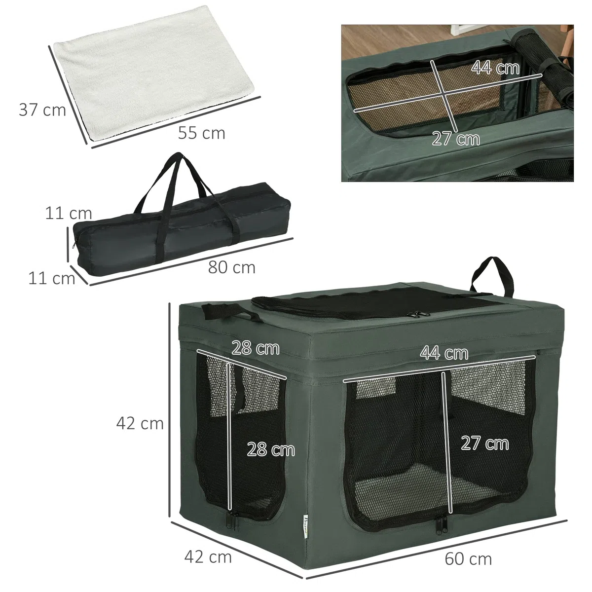 PawHut Trasportino Morbido per Cani Mini e Gatti, Trasportino Cuccia da Viaggio con Cuscino Rimovibile, Sacca di Trasporto e Porte in Rete Traspiranti, 60x42x42 cm, Grigio