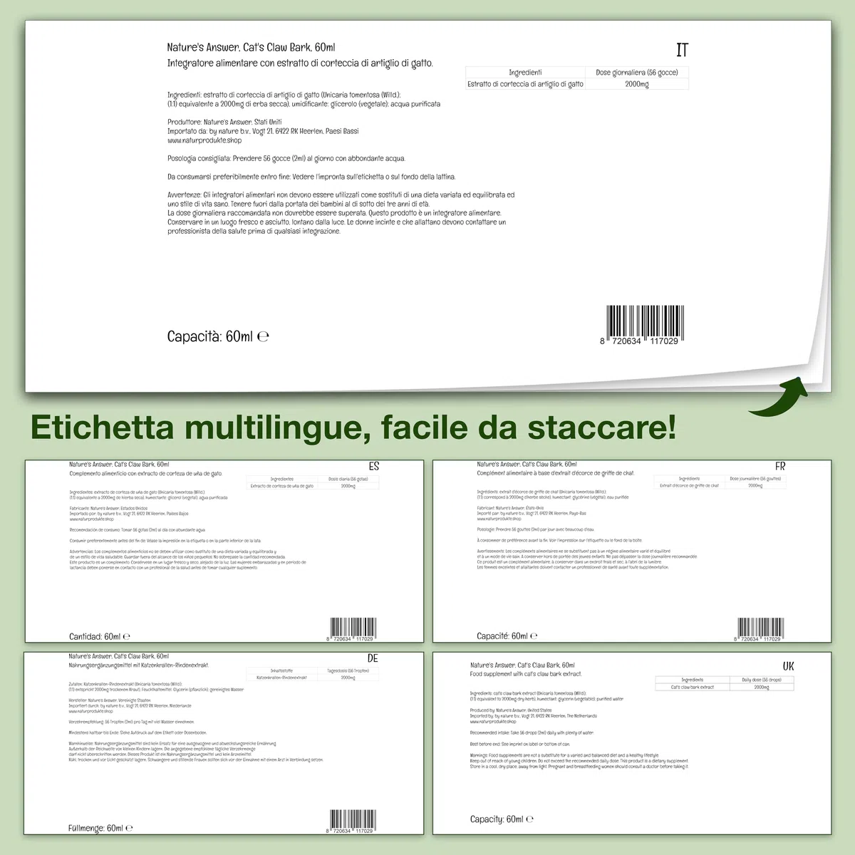 Nature's Answer, Cat's Claw Bark (Corteccia di Artiglio di Gatto), 2.000mg, 60ml, Testato in Laboratorio, Senza Glutine, Senza Soia, Vegetariano