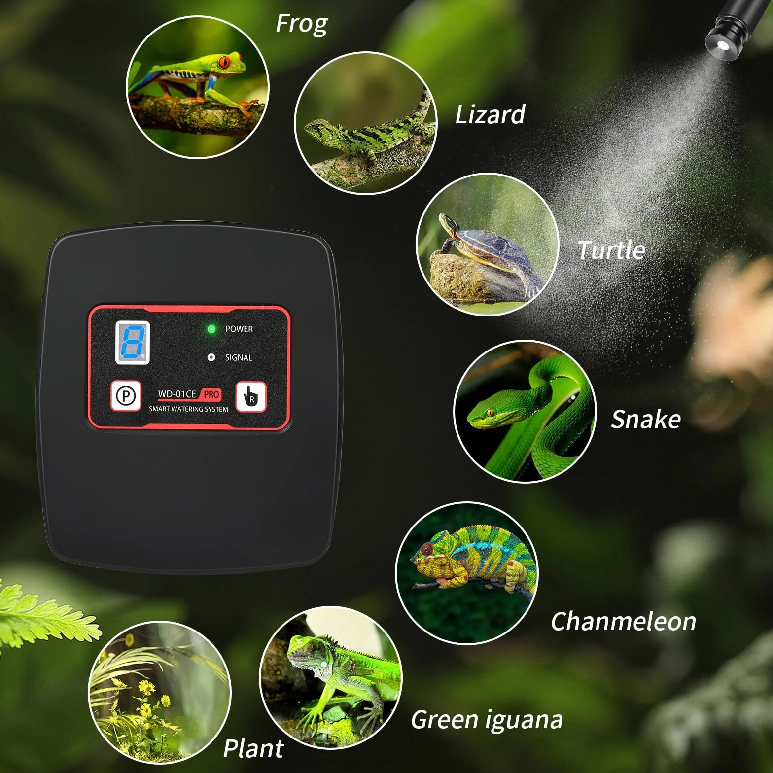 Nebulizzazione per Teca Rettili, Glovios Umidificatore per Rettili con Timer e 4 Ugelli a 360°, Umidificatore Rotante per Anfibi Rettili Piante Fiori