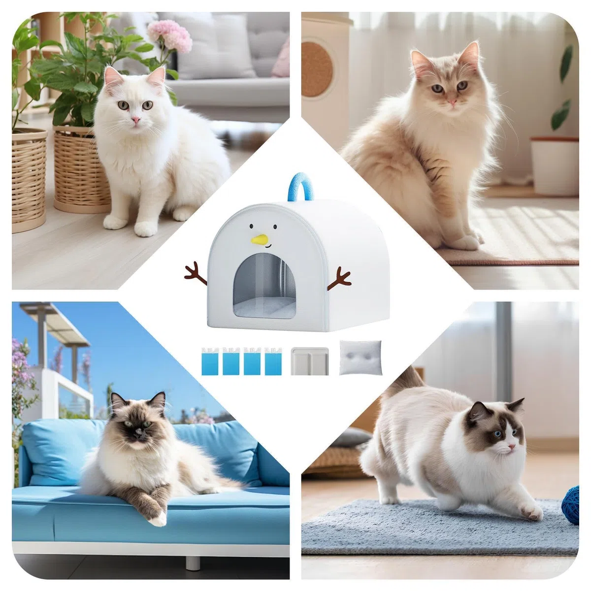Cuccia Estiva Gatto Refrigerante con 4 Panetti di Ghiaccio, lettos Isolato Impermeabile e Traspirante, Grotta Rifugio per Gatti e Cani Piccoli, Tenda da Interno Casa e Ufficio