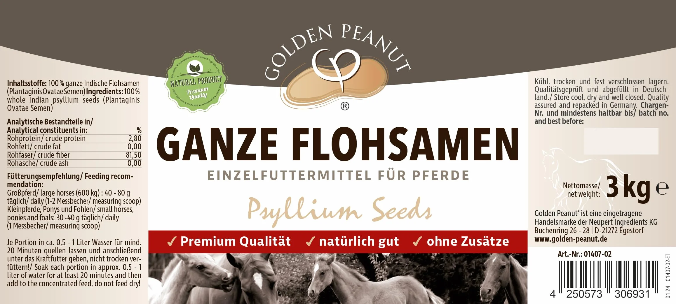 GOLDEN PEANUT Semi di psillio indiani purezza del 99% - per cavalli e pony 3 kg, riabilitazione dell'intestino, nutrire naturalmente