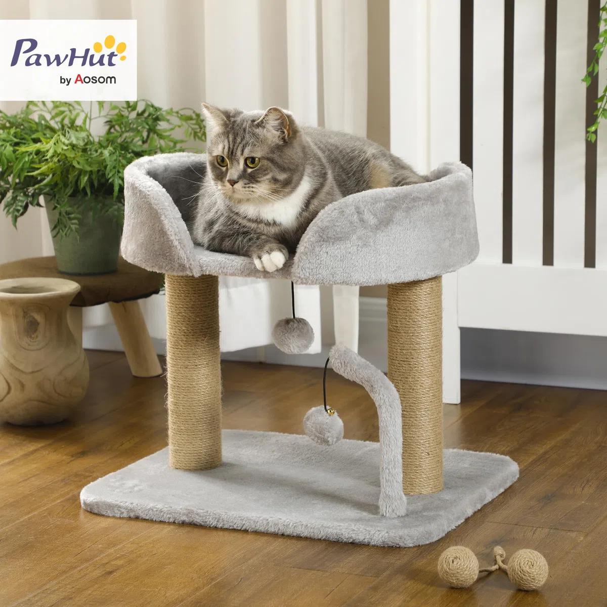 PawHut Torre per Gatti max 5kg con Tiragraffi in Juta, Albero per Gatti con Palline Giocattolo e Rivestimento in Peluche, 48x38x42 cm, Grigio