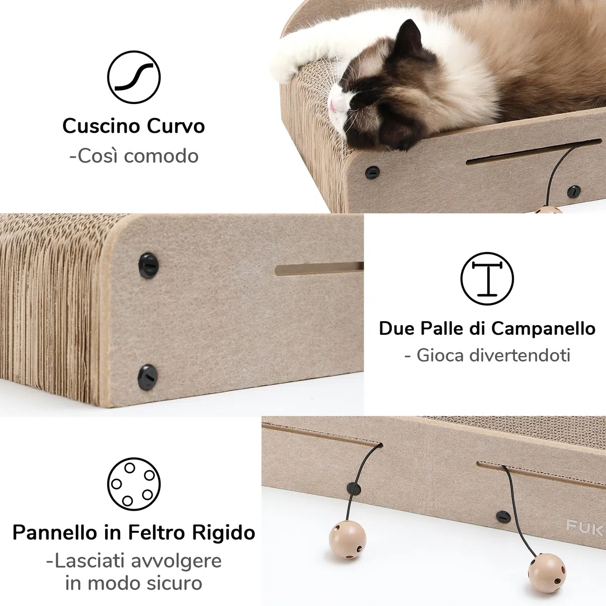 FUKUMARU Tiragraffi Per Gatti da 66 cm In Cartone Resistente,Letto e Divanetti per Gatti.Tappetino Tiragraffi per Gatti In Cartone Riciclabile Con Pallina da Giocare.
