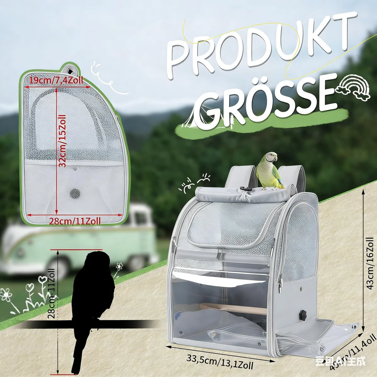 Borsa a Spalla per Trasporto di Uccelli per Pappagallini e Pappagalli, Borsa Impermeabile con 2 Perches e Vassoio, Gabbia da Viaggio Traspirante per Calopsiti, Leggera, 33,5x29x43 cm