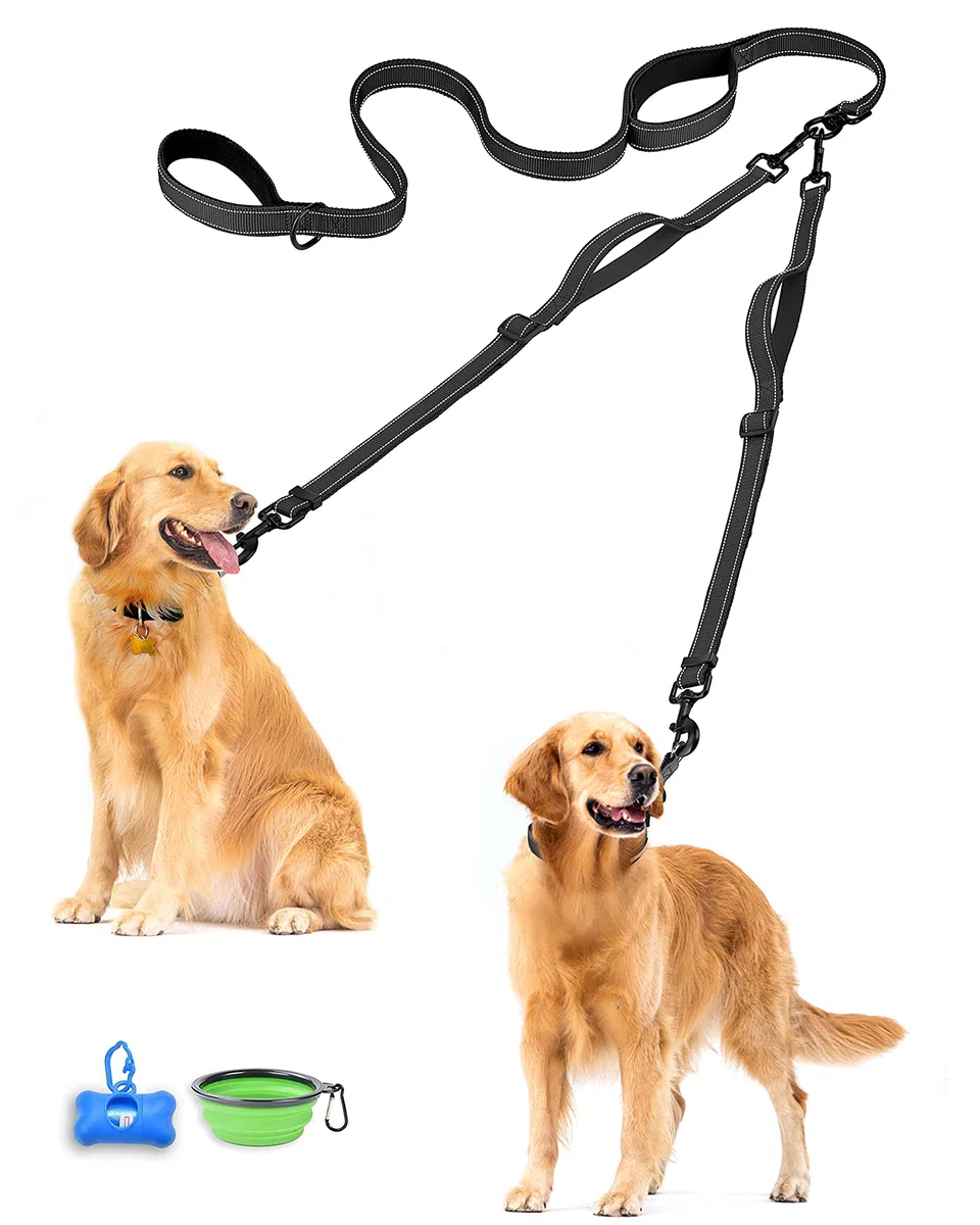 PetBonus Guinzaglio Doppio per Cani, Guinzaglio Regolabile Riflettente per 2 Cani, 360° Antigroviglio Doppio con 4 Manici Imbottiti, Taglia Grande e Media, Ideale per Passeggiate (Nero)