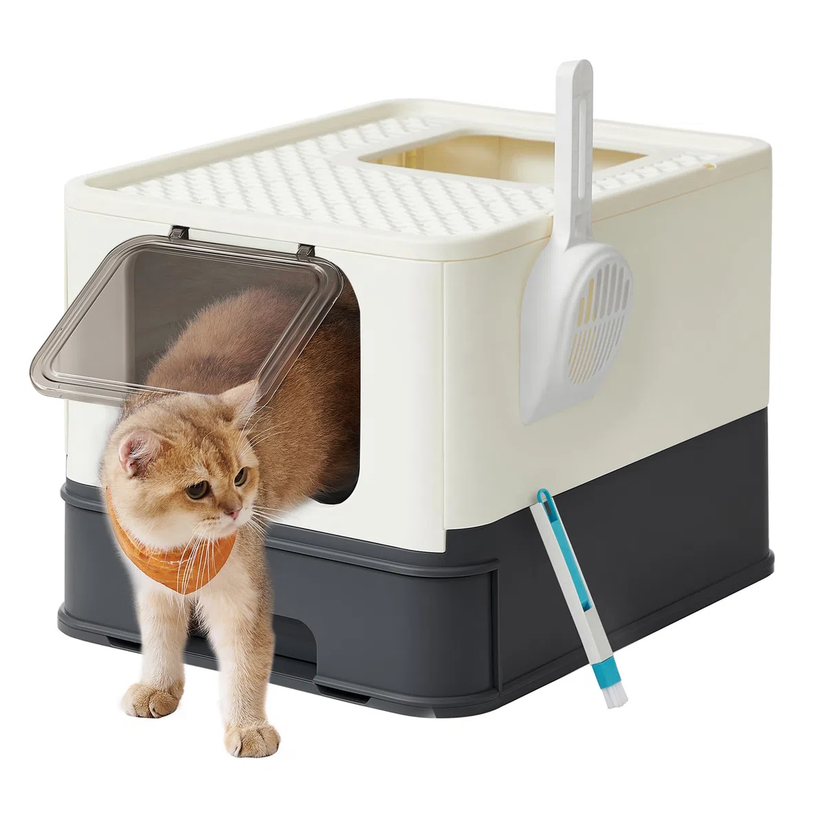 FEANDREA Casetta per Lettiera per per Gatti Grandi Nascosta, Vassoio Estraibile, Paletta, Spazzola, Ampio, Portata 15 kg, Antipertita, Beige e Nero PPT001W01