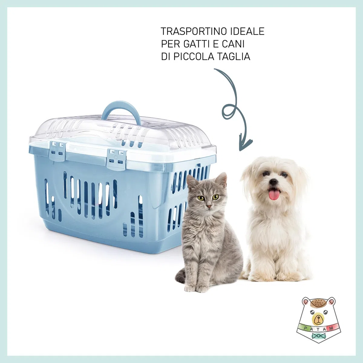 Patam trasportino rigido per cani e gatti con coperchio trasparente e apertura dall’alto 49 cm x 33 cm x 33 cm Made in Italy – Tino Blu
