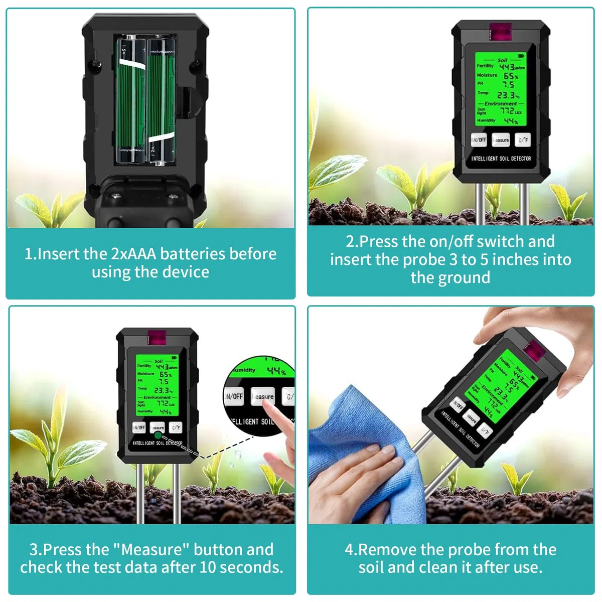 Misuratore PH Terreno 6 in 1, Misuratore Umidità Terreno, Fertilità del Suolo, Temperatura, PH,Luce Solare e Umidità Ambientale, per Giardinaggio,Prato,Agricoltura,Piante