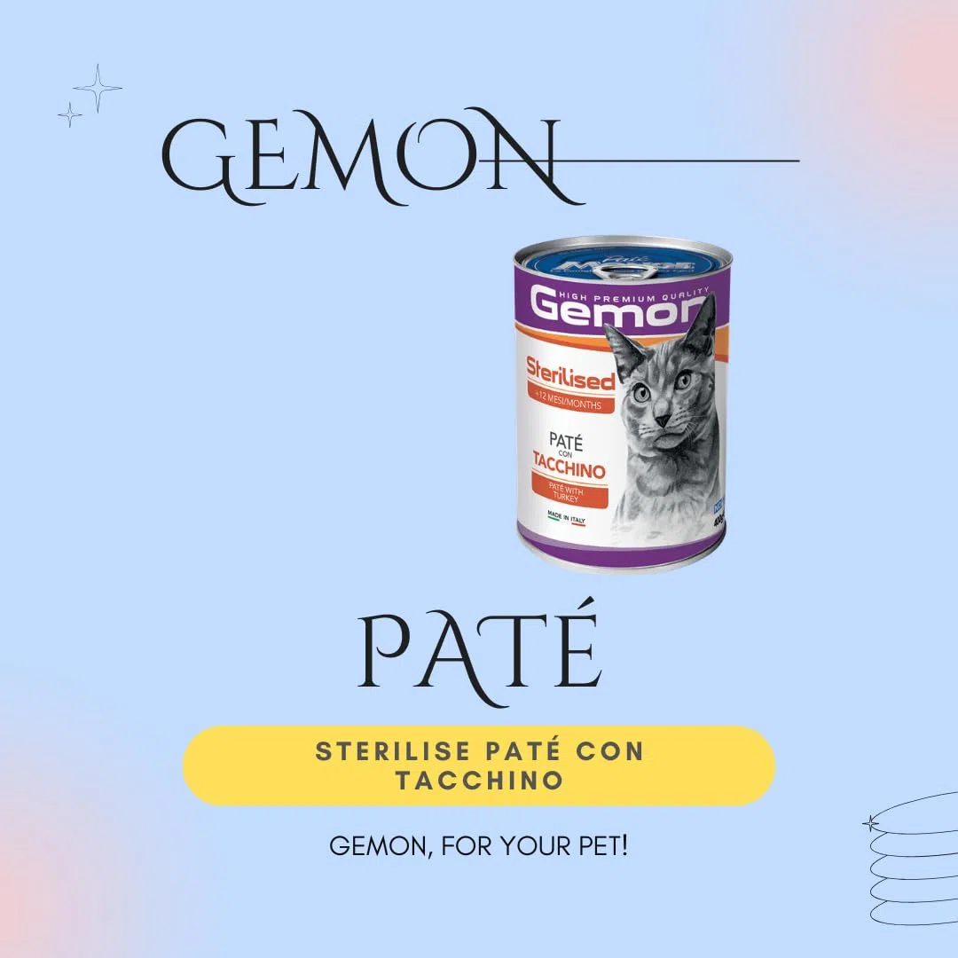 GEMON Gatto Sterilised Paté con Tacchino | alimento umido completo per gatti adulti sterilizzati, cotto a vapore, senza coloranti e conservanti aggiunti, Made in Italy, 12 lattine da 400 grammi.