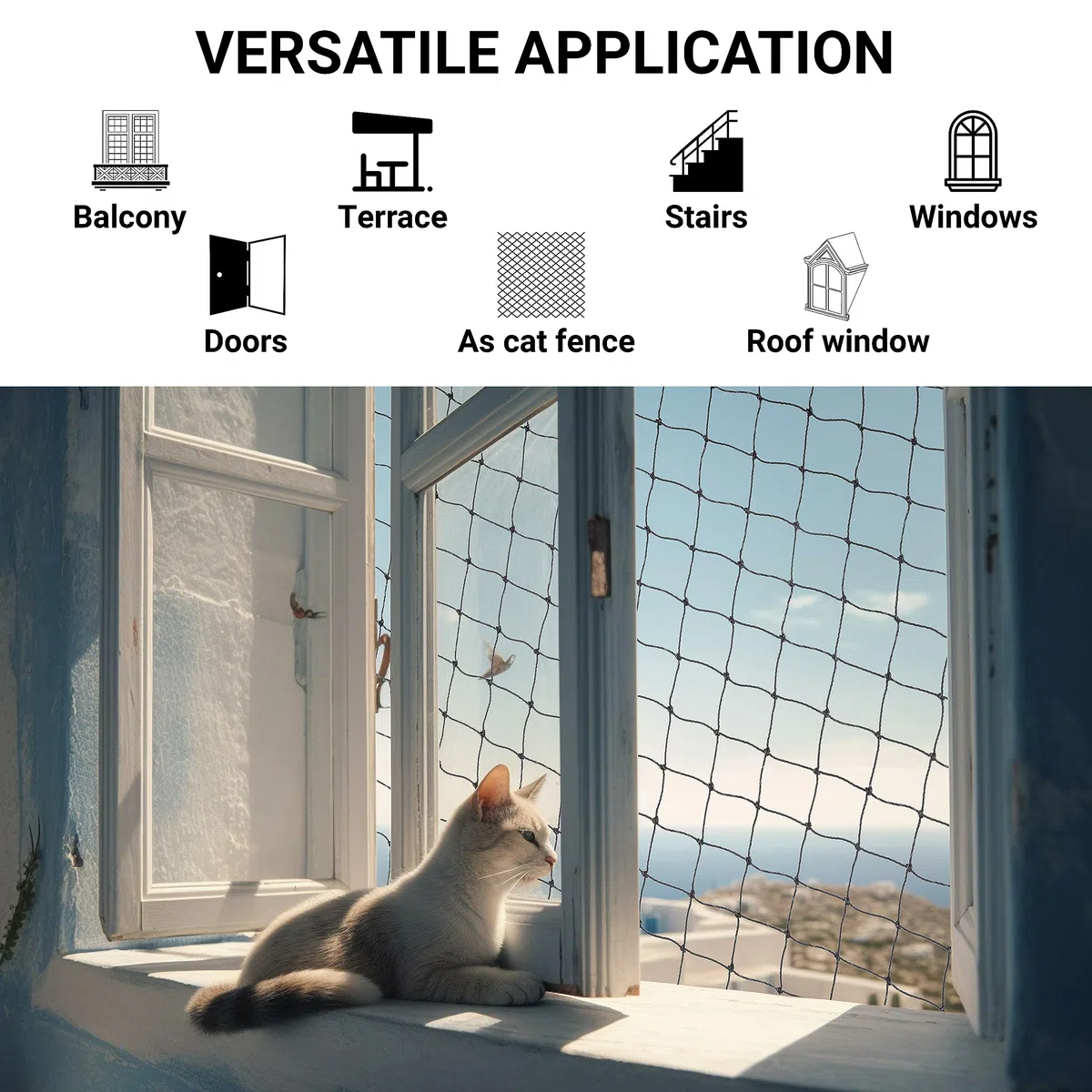 Rete per gatti per balcone, 4 x 3 m, rete da balcone rinforzata con filo per gatti, materiale di fissaggio, protezione sicura per gatti, balcone senza foratura, rete di sicurezza per gatti