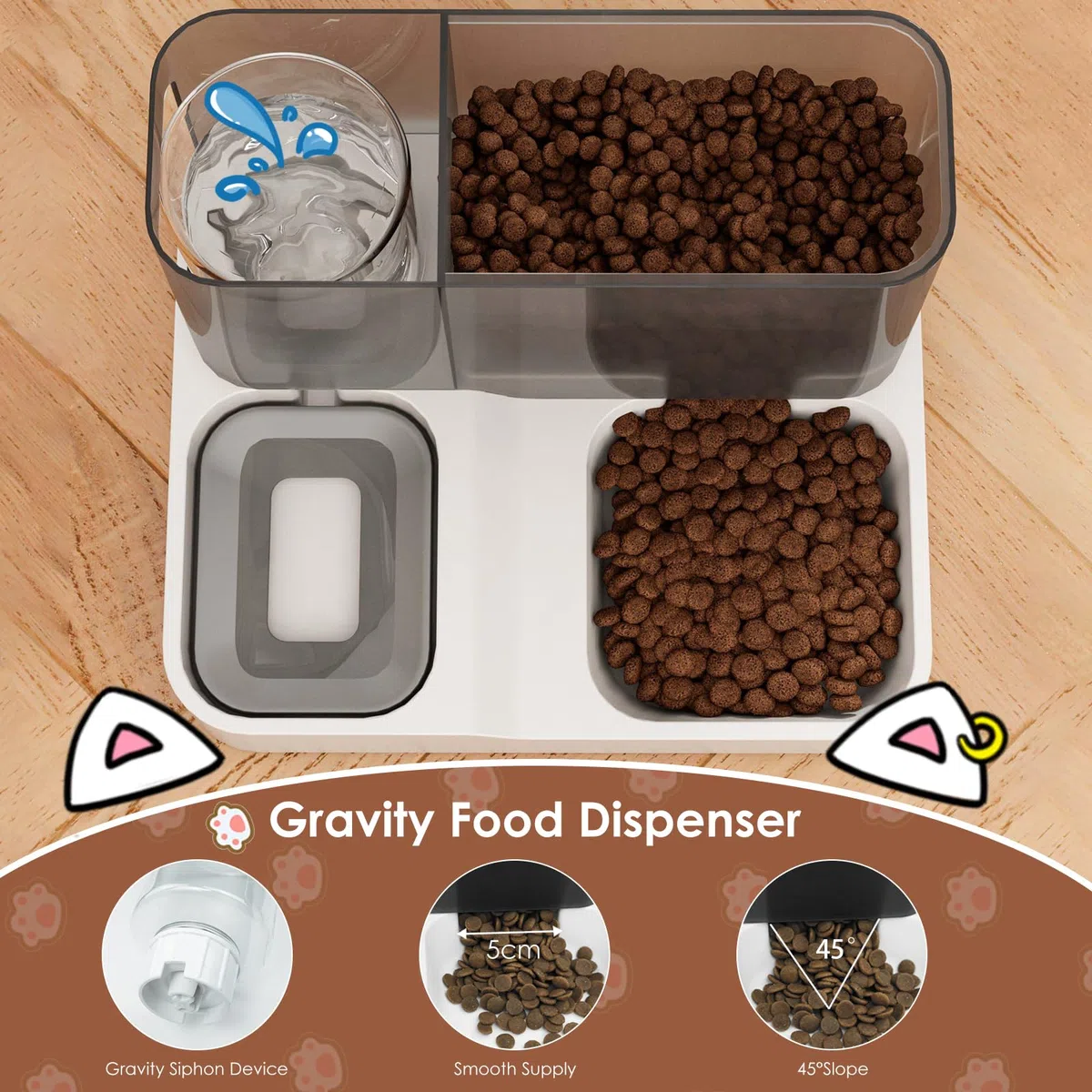 Distributore Automatico 2-in-1 Cibo e Acqua per Gatti 3,8L | A gravità, senza BPA, 2,8L cibo + 1L acqua, a prova di perdite, senza corrente, per gatti e piccoli cani