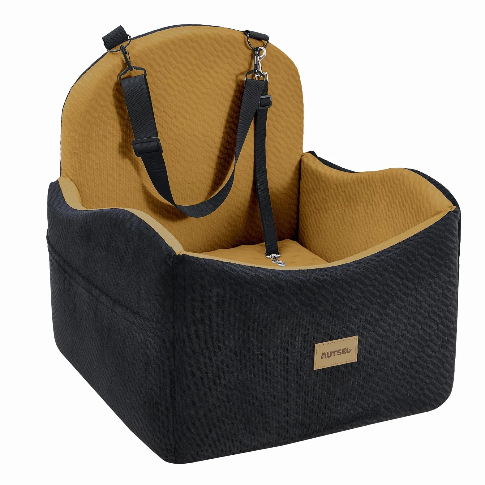 Seggiolino Auto rialzato per Cani Piccoli e Medi – Impermeabile, Lavabile, con Cintura, Tasche e Antiscivolo, per Sedili Posteriori, Nero e marrone