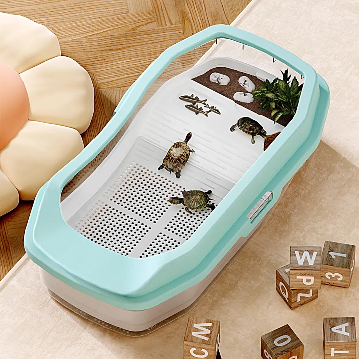 Acquario per Tartarughe KAKOOTI PC 18'' x 11'' x 6'', piccolo acquario per tartarughe giovani, design versatile per granchi, pesci, tartarughe (larghezza del guscio: 1-3 pollici)