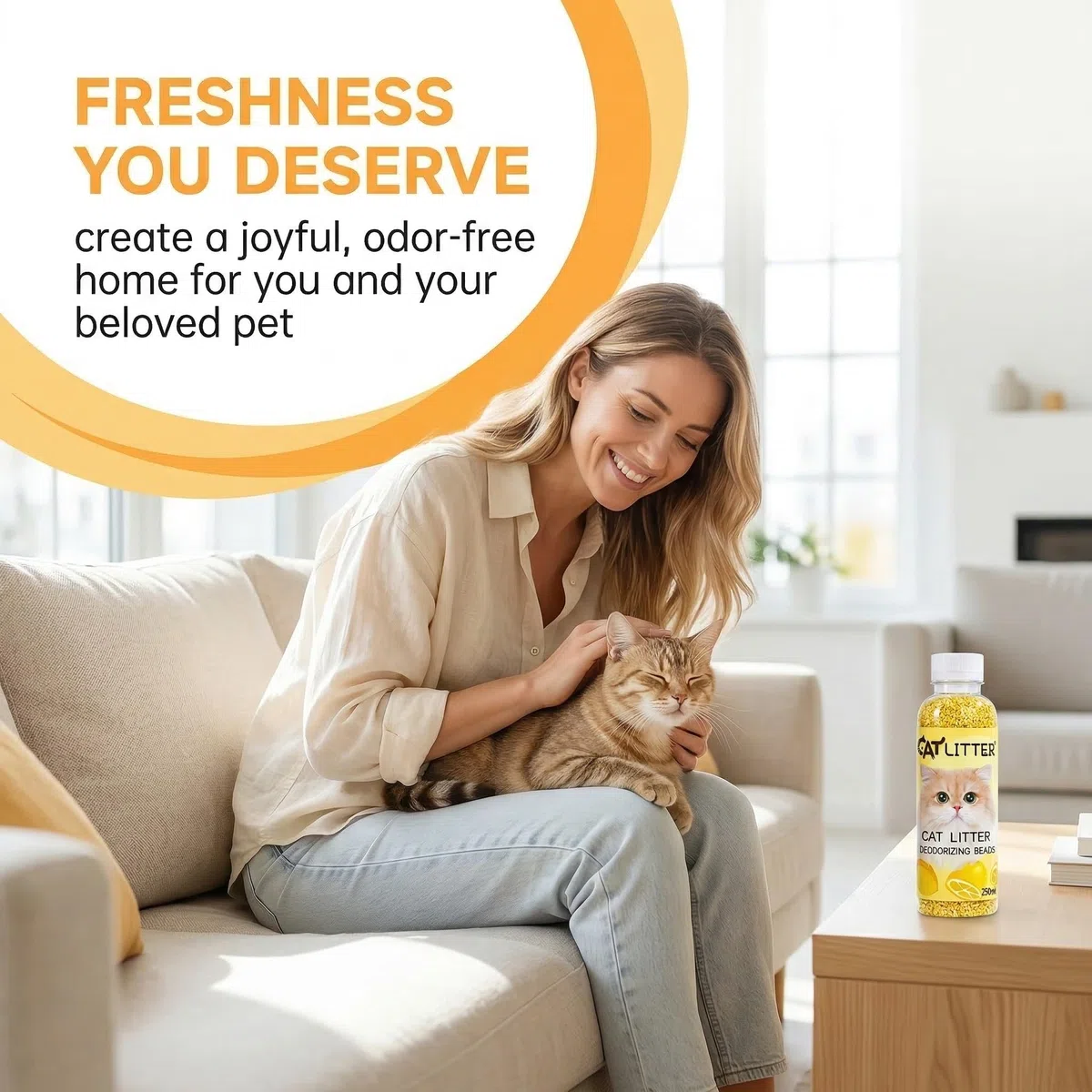 Deodorante per Lettiera per Gatti al Limone, Perle Deodoranti Naturali per Eliminazione Odori, Neutralizzatore di Ammoniaca a Lunga Durata, Additivo per Lettiere Gatti Freschezza 250ml