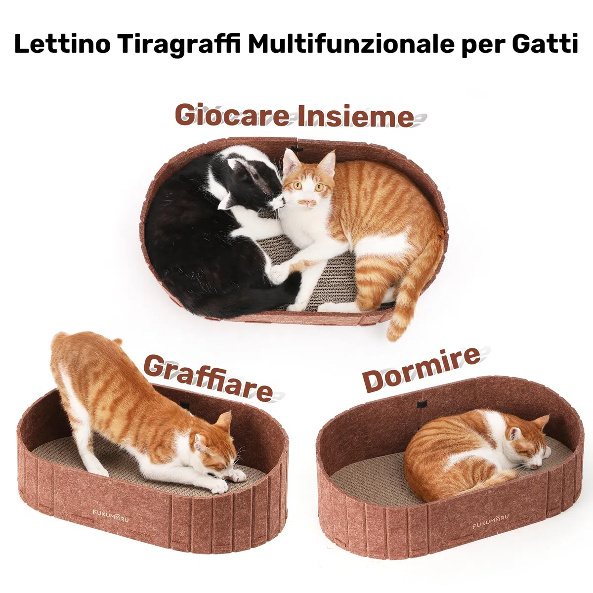 FUKUMARU Tiragraffi Cartone per Gatti, Cuccia Gatto Interno di Feltro, Tiragraffi per Gatti Adulti con 2 Tappetini in Cartone di Alta Qualità, Rimovibile e Reversibile, Lungo da 61 cm, Caramello