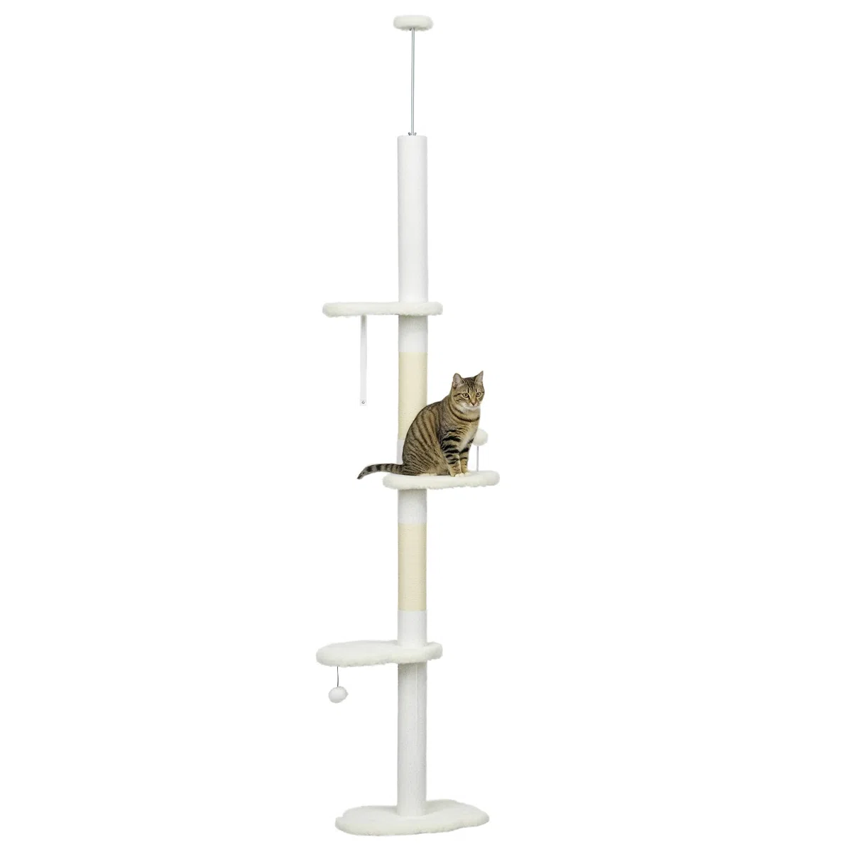 PawHut Albero Tiragraffi a Soffitto con Altezza Regolabile, Torre per Gatti Multilivello con Pali Tiragraffi in Corda di Sisal, 48x32x225-255 cm, Bianco