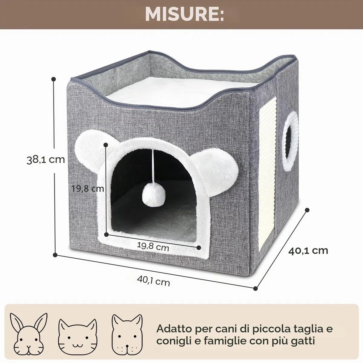 Casetta pieghevole per gatto, Cuccia Gatto Casa pieghevole con terrazza, letto a 2 strati grande grotta con tiragraffi e Pallina da Gioco