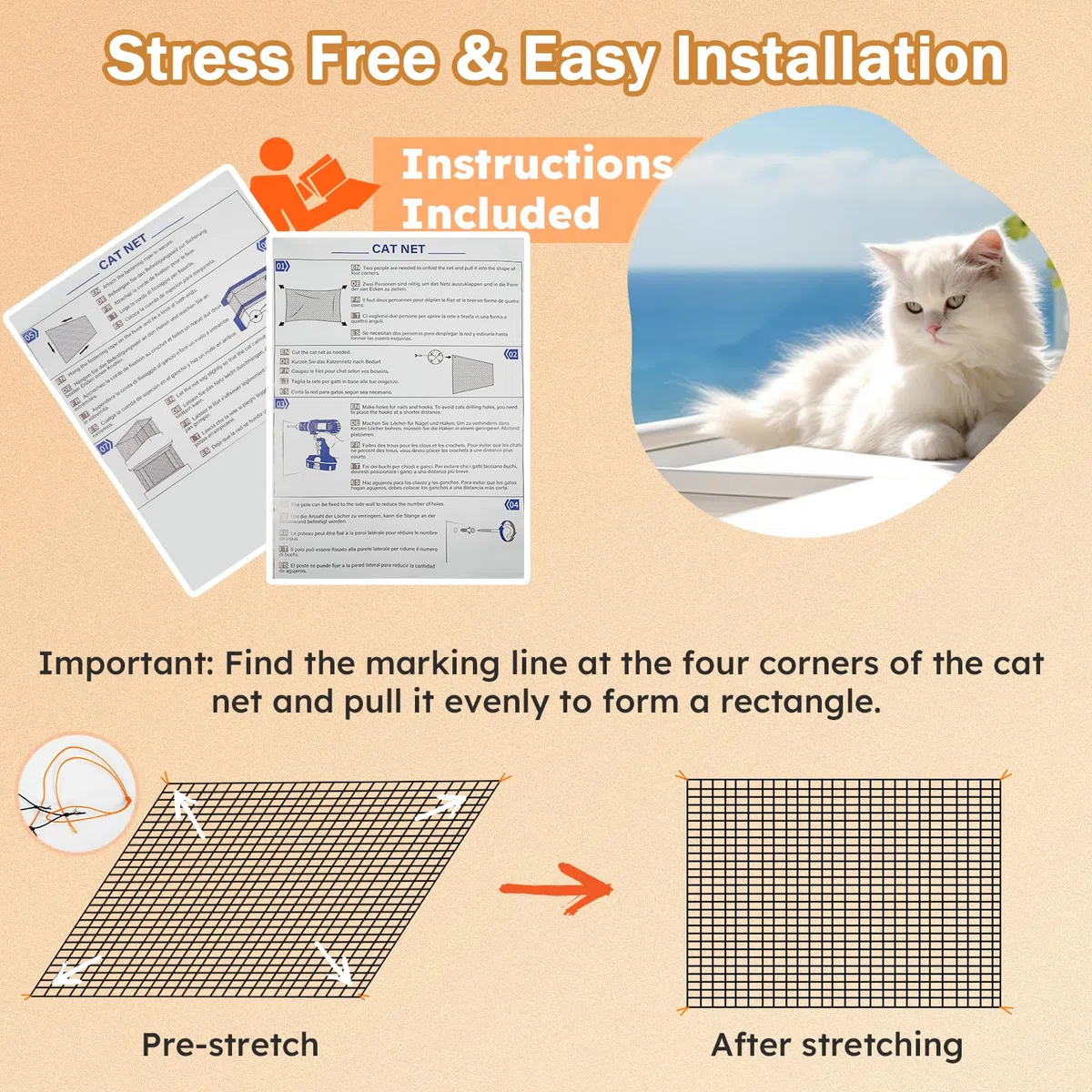 Holilo Rete per Gatti, 8x3m Rete Gatti Balcone Rinforzata con Filo Metallico, Rete per Gatti Balcone Resistente alle Intemperie e ai Raggi UV, Adatta per Balconi, Finestre, lucernari