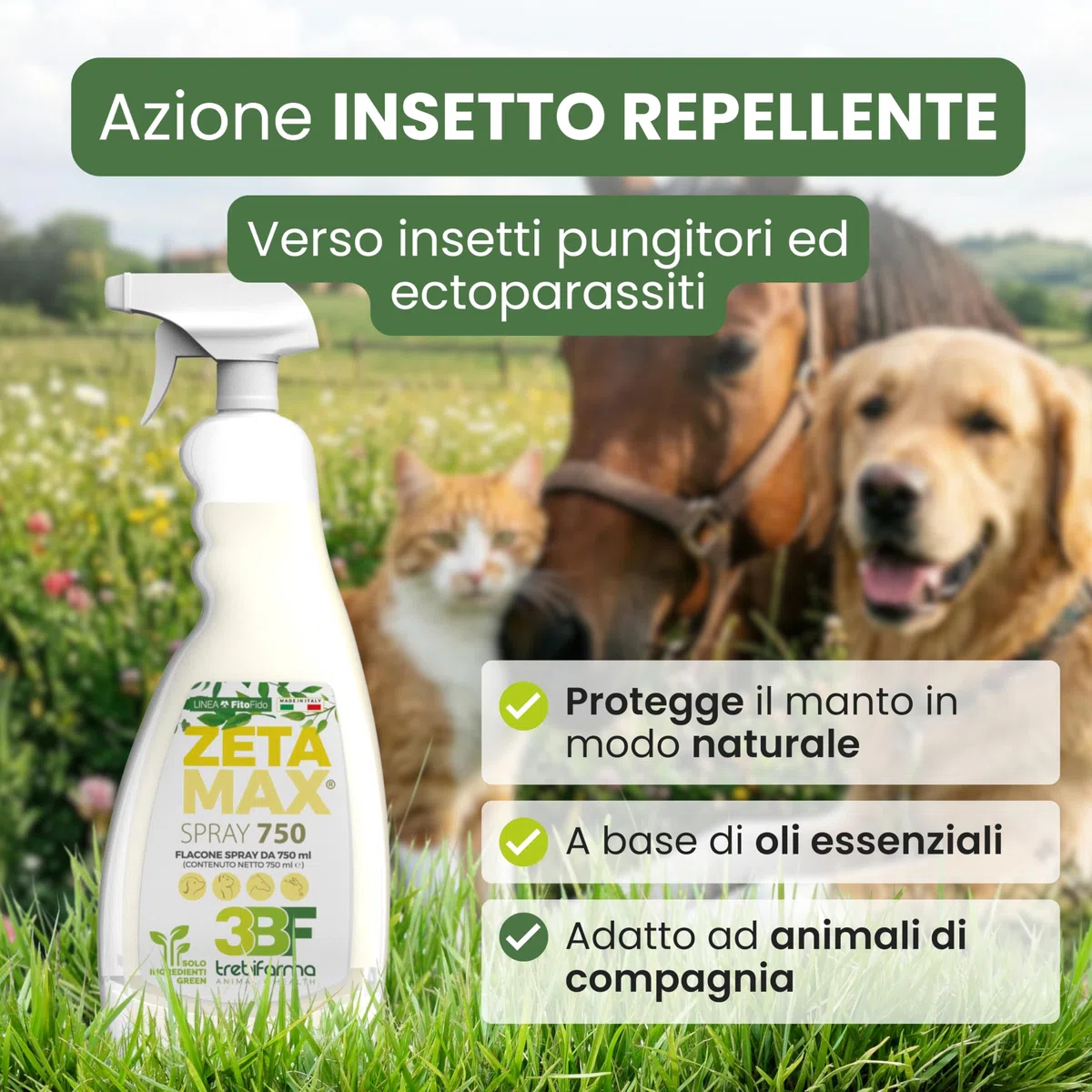 Trebifarma ZetaMax Spray Insetto Repellente Naturale per Cani, Gatti e Animali Domestici - Protezione del Manto con Oli Essenziali, per Pelo, Cuccia e Superfici - 750 ml
