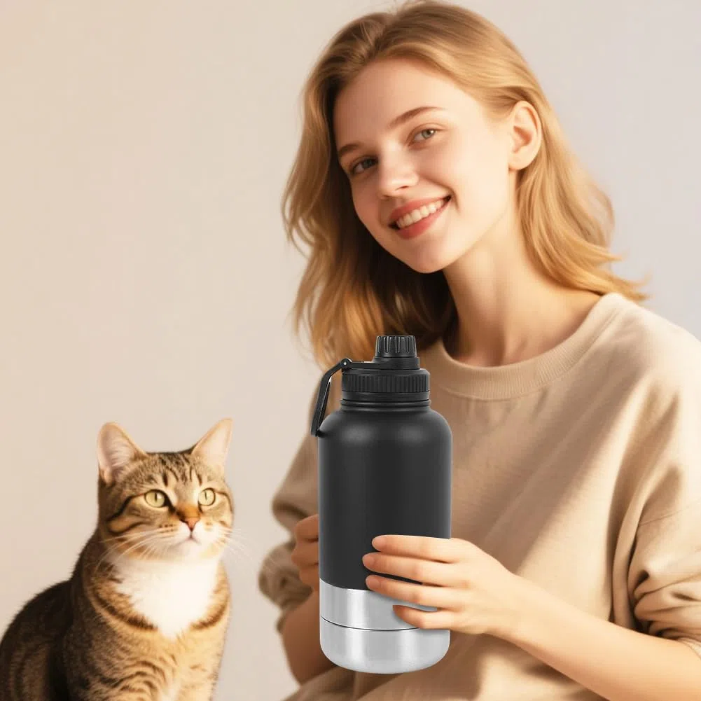 Borraccia per cani da viaggio, 950 ml, 4 in 1, con ciotola per acqua e ciotola, isolata in acciaio inox, senza BPA, accessorio per cani per viaggi, escursioni, passeggiate