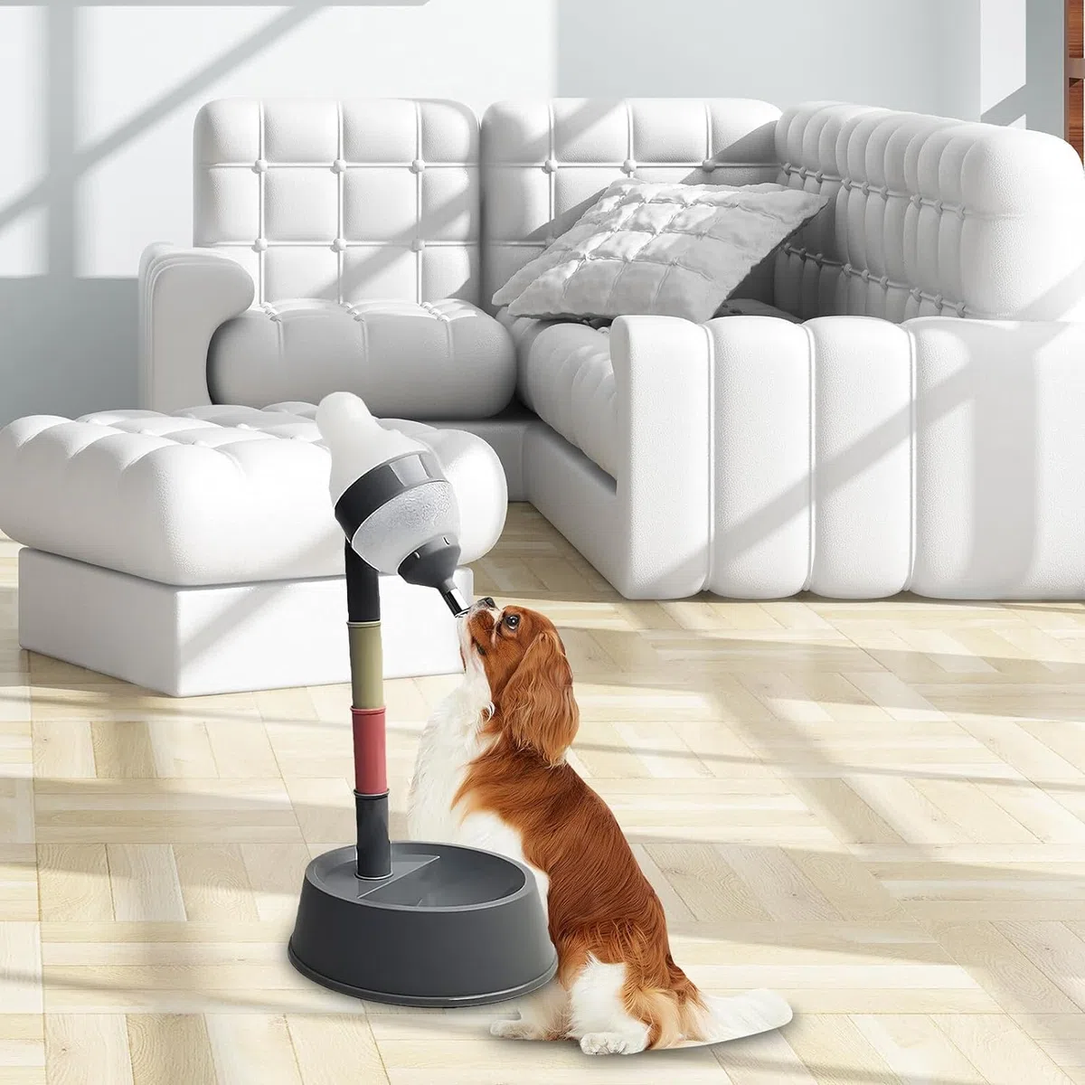 Dispenser di Acqua in Piedi per Animali Domestici, Alimentatore per Cibo per Cani e Distributore d'Acqua, con Asta Staccabile, Regolabile in Altezza, per l'Alimentazione Automatica (Grigio Scuro)
