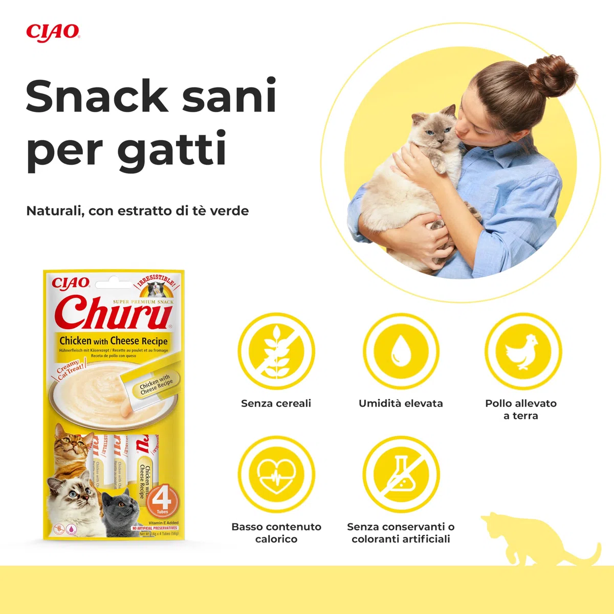 INABA Churu Snack per Gatti Cremoso con Pollo e Formaggio - 12 Pack (48 Stick x 14gr) - Cibo per Gatti da Leccare, Sano e Delizioso - Snack Gatto Senza Conservanti o Coloranti Artificiali, Grain-Free