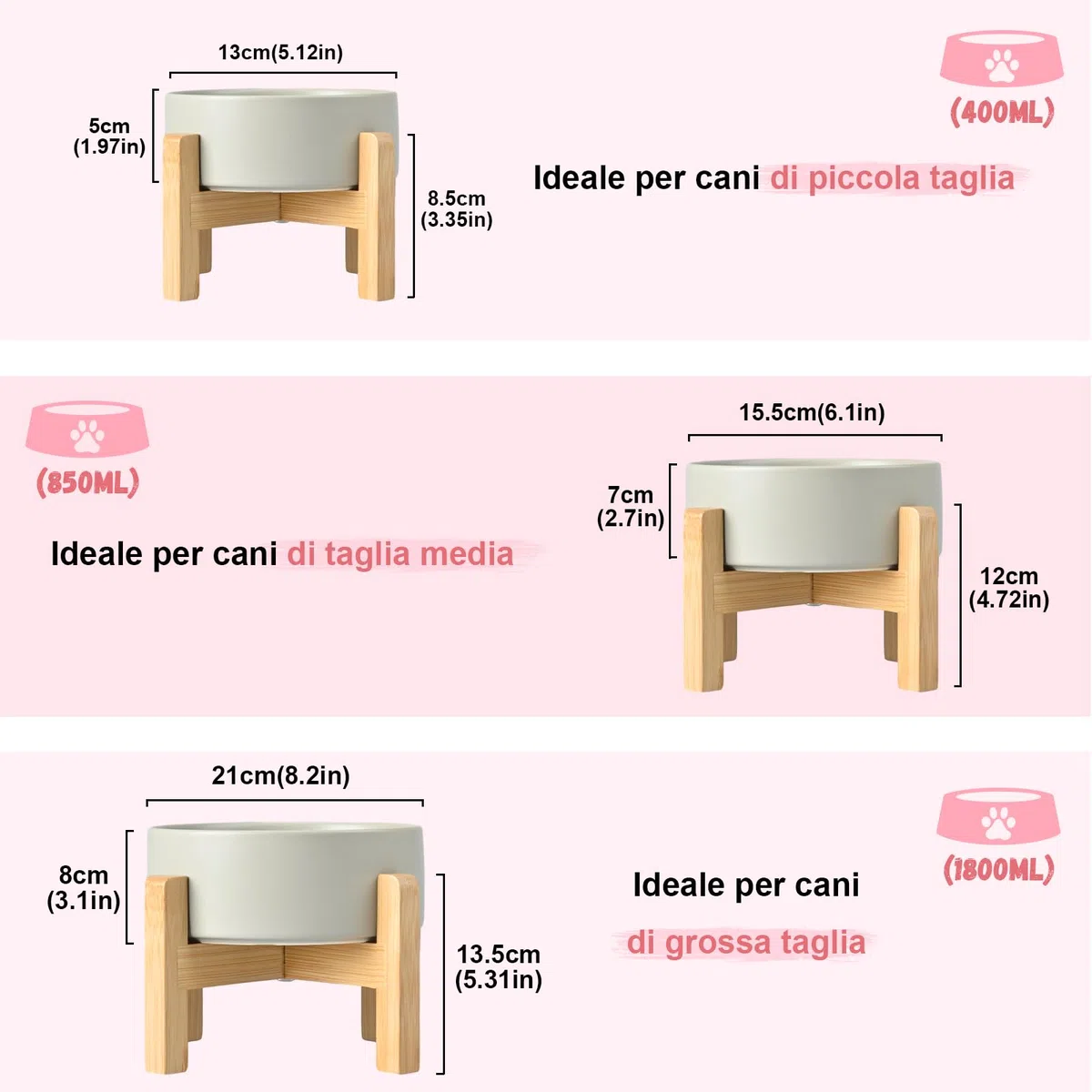 SPUNKYJUNKY Set di ciotole per cani rialzate in ceramica con supporto in bambù per cani e gatti (850 ml, grigio)