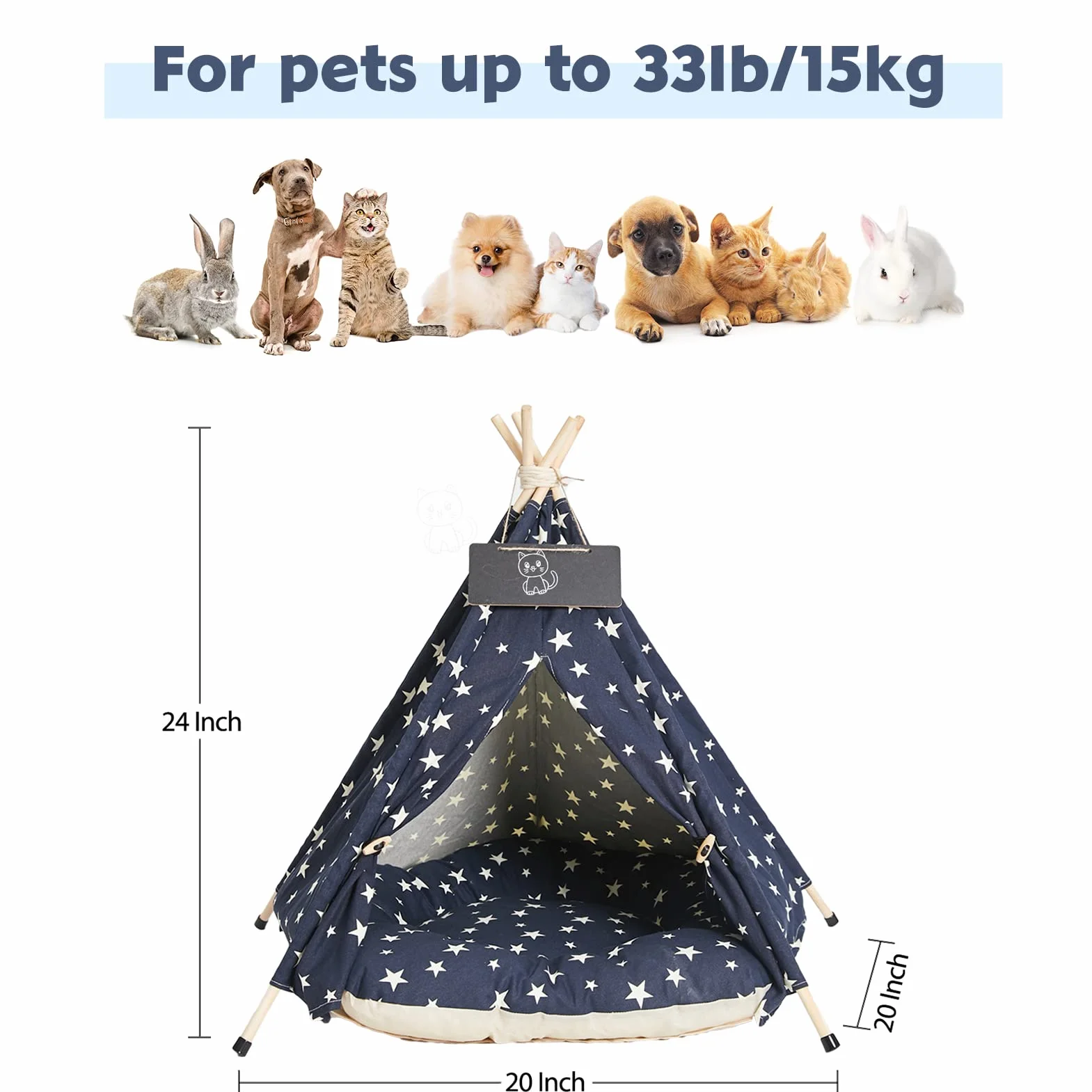 Tipi Tenda per Animali con Cuscino- Domestici Cuccia in Tela Portatile per Cani e Gatti -51x51x61cm Rimovibile e Lavabile Gatti Casetta da Gioco (Blu navy)