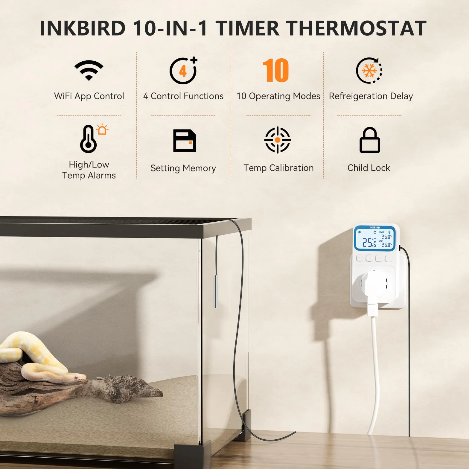 Inkbird Termoregolatore Regolatore di Temperatura,C236T WiFi Termostato con Sonda,Riscaldamento e Raffreddamento,Funzione di Allarme,LCD Display,Presa Termostato per Casa,Rettili,Serra,Incubazione