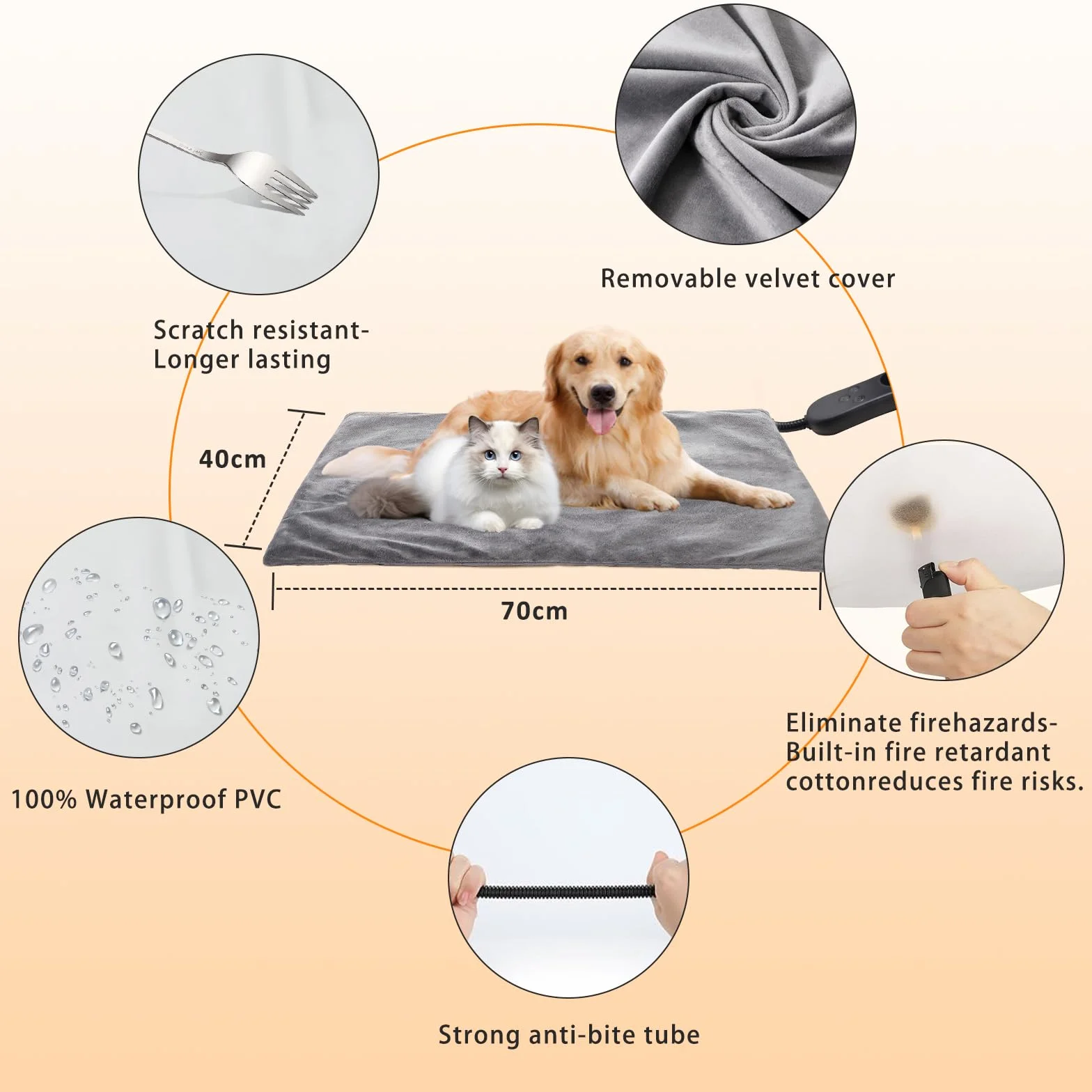 Tappetino riscaldante elettrico per cani, 45 x 70 cm, 5 timer regolabili e 6 temperature regolabili, tappetino riscaldante per animali domestici, impermeabile, con copertura in velluto di cristallo e