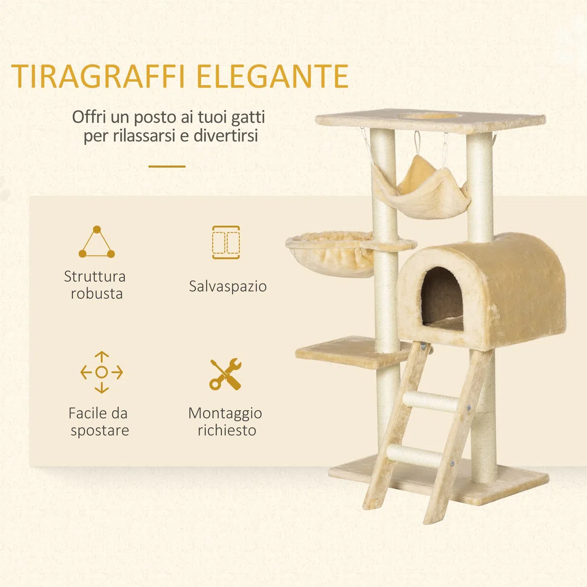 PawHut Albero Tiragraffi per Gatti Multilivello con Amaca e Casetta, Corde in Sisal Naturale, Beige, Altezza 98cm