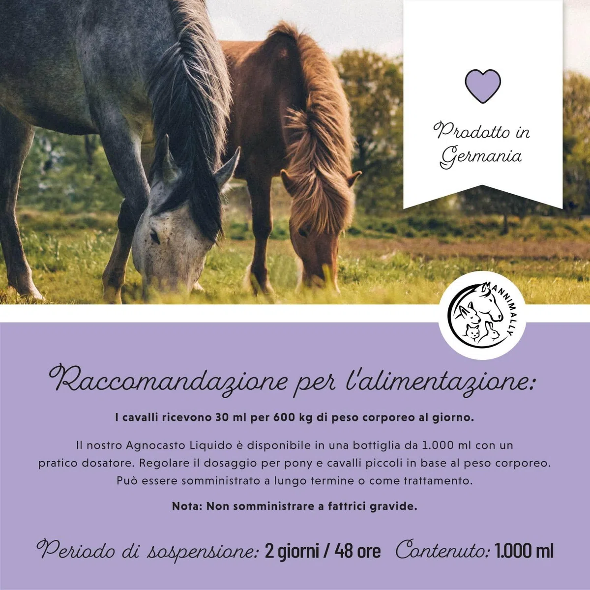 Annimally Liquido di Agnocasto per Cavalli 1000ml con Ashwagandha, Magnesio e Radice di Liquirizia – Per l'irrequietezza ormonale o il comportamento da calore nel cavallo