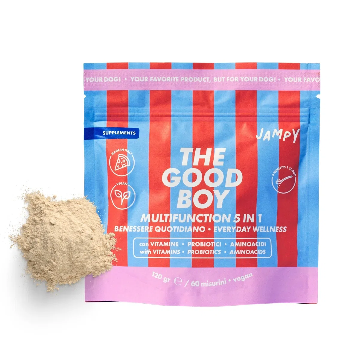 JAMPY Multivitaminico Cani- Integratore Completo con Glucosamina, Biotina, Triptofano, Prebiotici & Probiotici. Supporto Ossa, Pelle, Manto e Benessere Digestivo - 60 misurini.