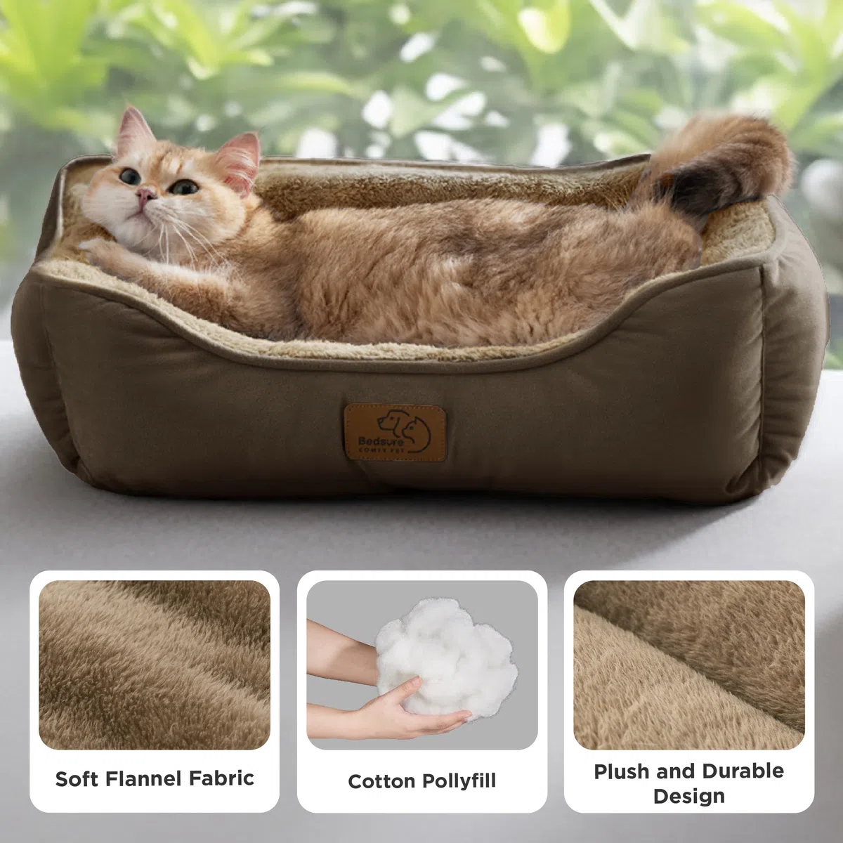 Bedsure Cuccia Cani Media Lavabile - Cuccia Rettangolare per Cani Piccoli con Fondo Antiscivolo, Paniere Anti-Ansia per Cuccioli e Gatti Grandi, 63,5 x 53 cm, Marrone